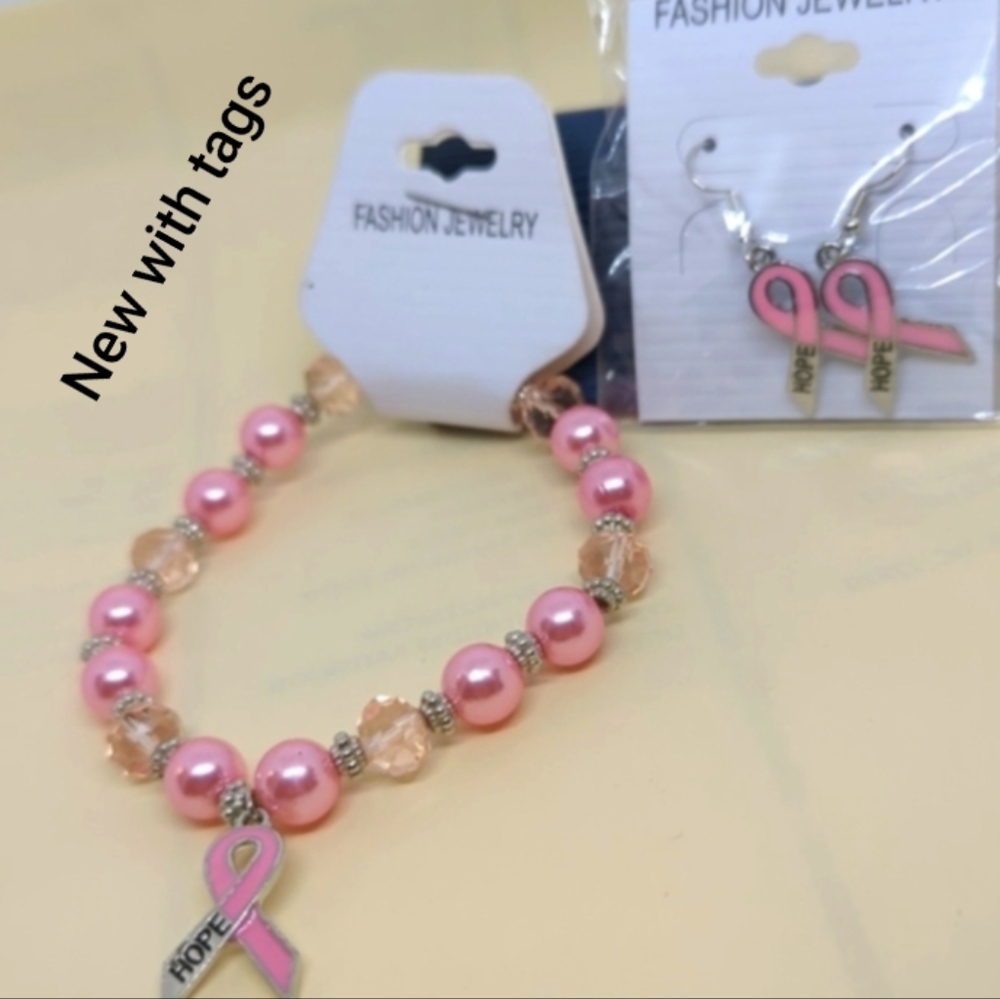 Breast Cancer HOPE Pink RIBBON Bracelet & Matching Earrings French Wires 3 PCS